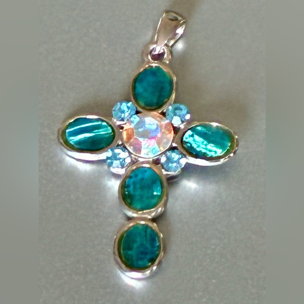 ✝️ Genuine Abalone and Crystal Cross Pendant by Cookie Lee